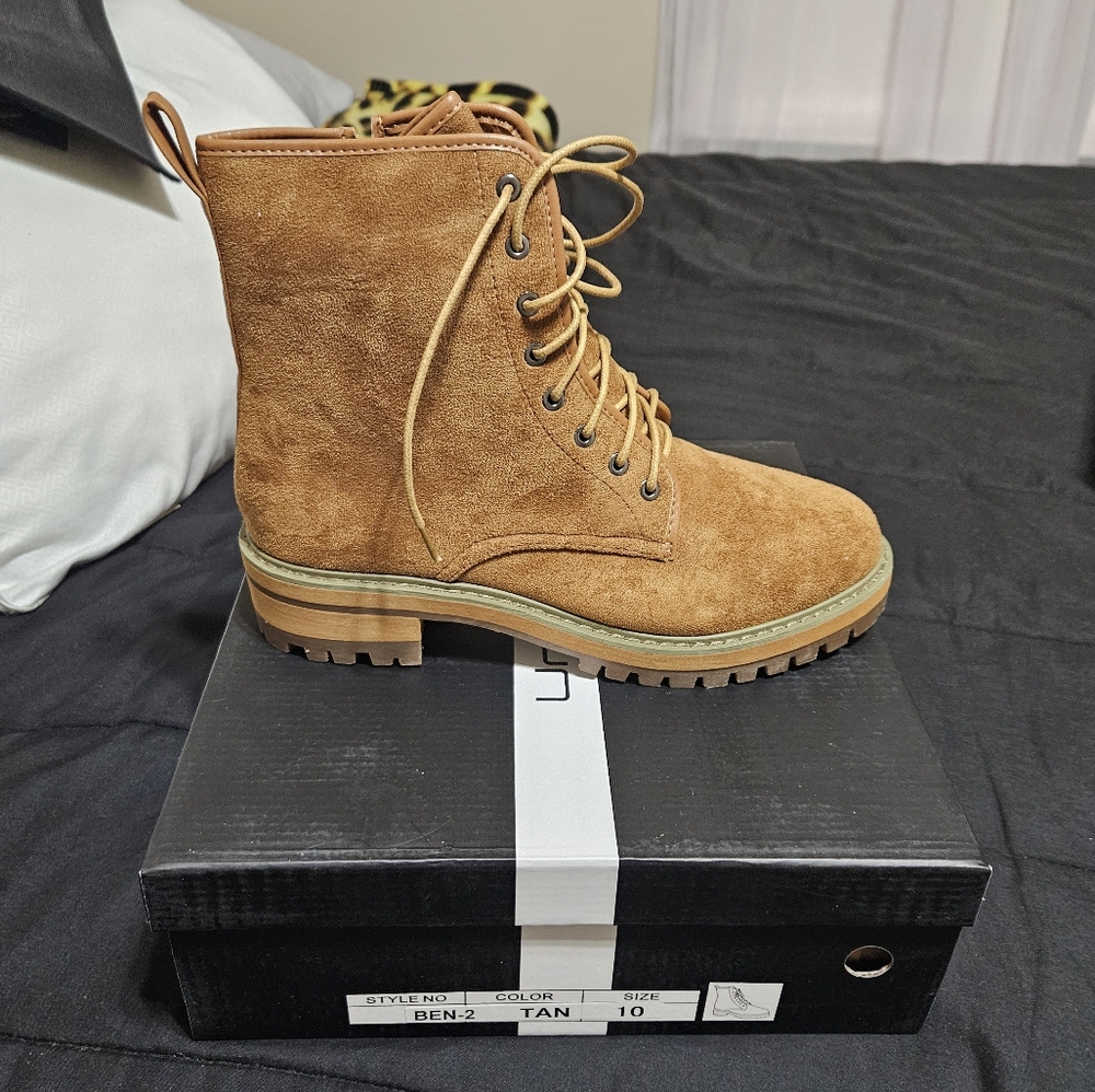 Chestnut Vegan Suede Lace Up Lug Sole Boots